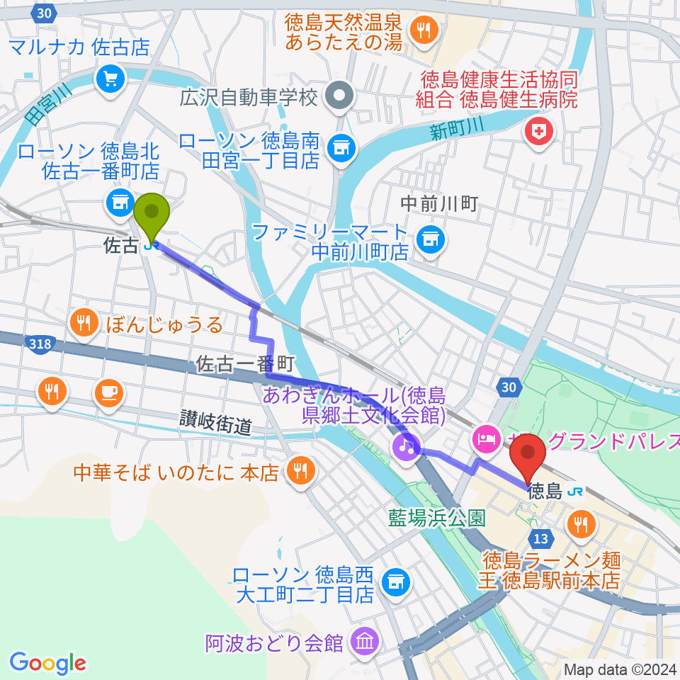 佐古駅から徳島コティへのルートマップ地図