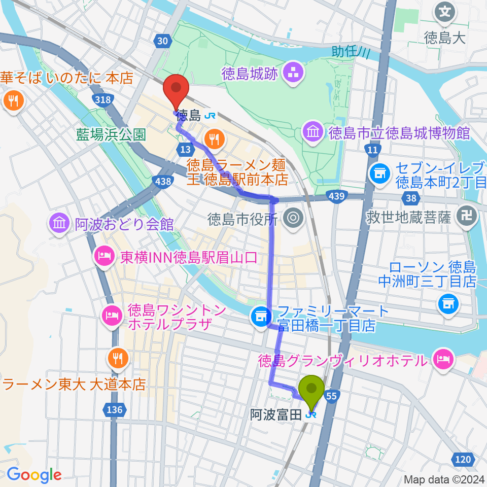 阿波富田駅から徳島コティへのルートマップ地図