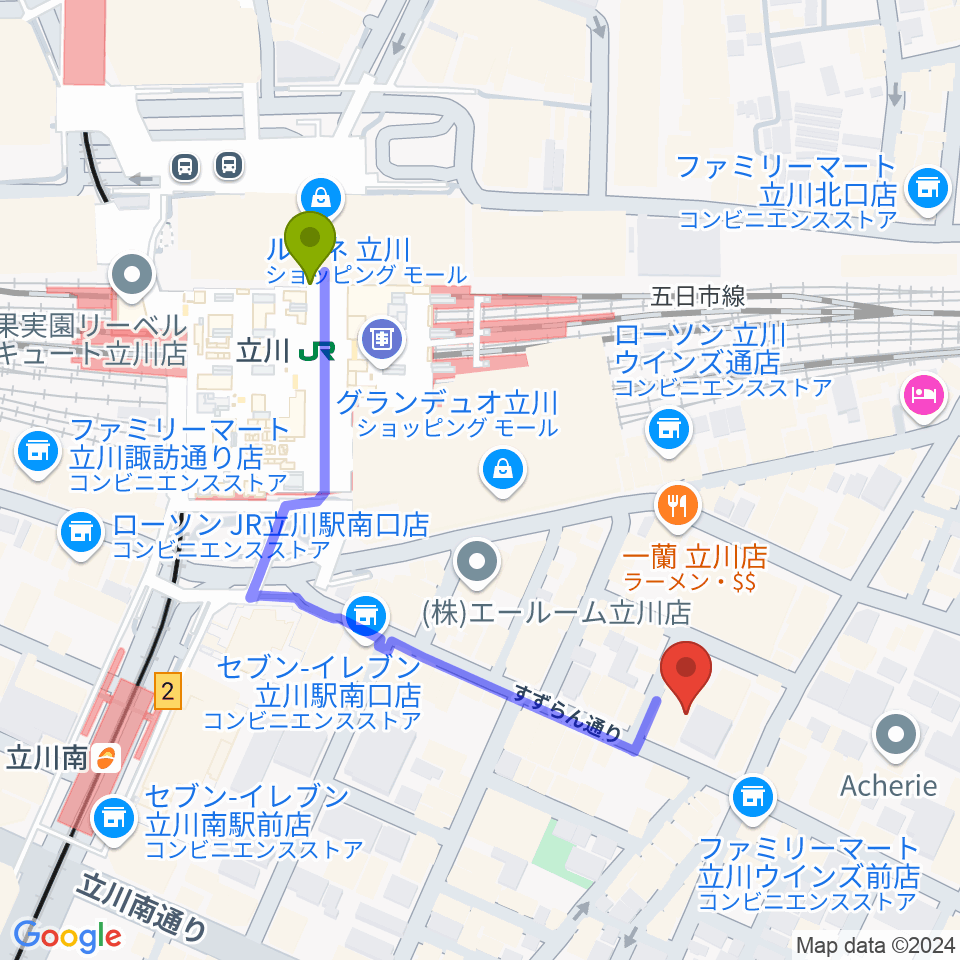 立川COSMIC HALLの最寄駅立川駅からの徒歩ルート（約5分）地図