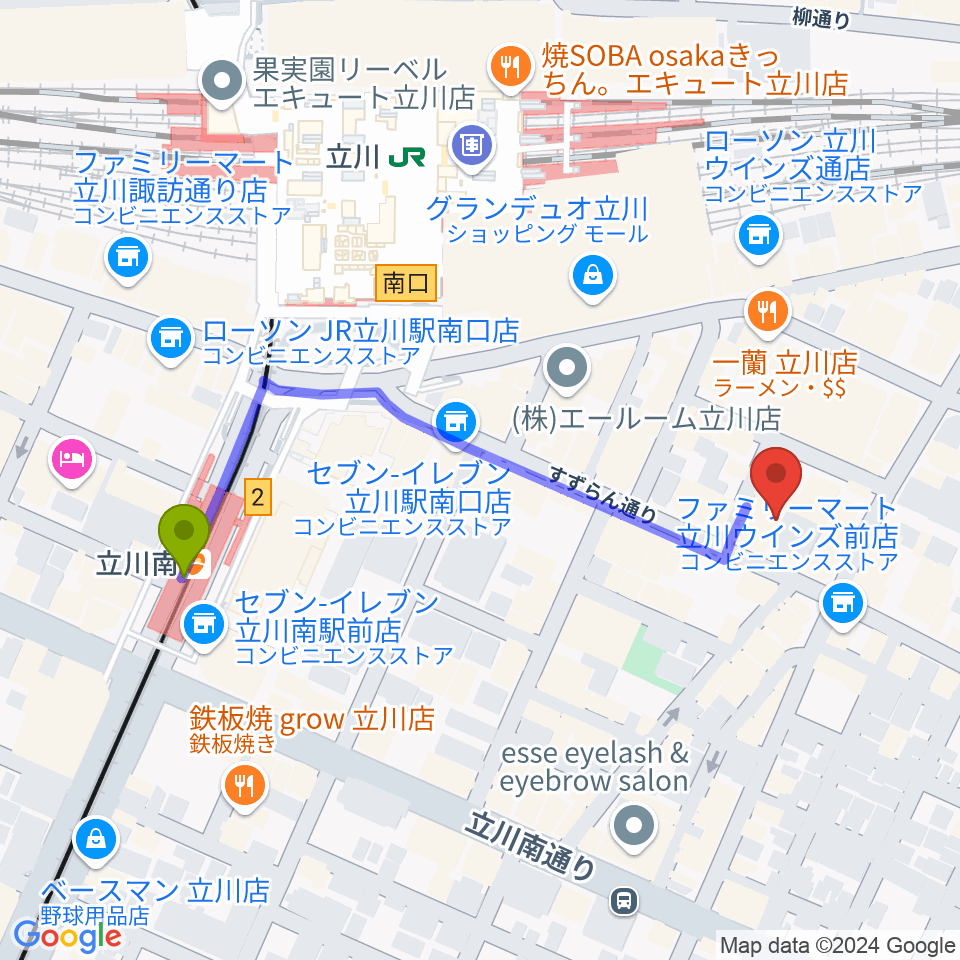 立川南駅から立川COSMIC HALLへのルートマップ地図