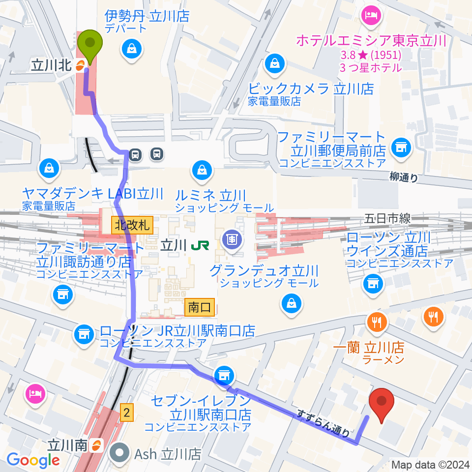 立川北駅から立川COSMIC HALLへのルートマップ地図