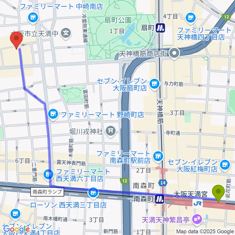 大阪天満宮駅から梅田バナナホールへのルートマップ地図