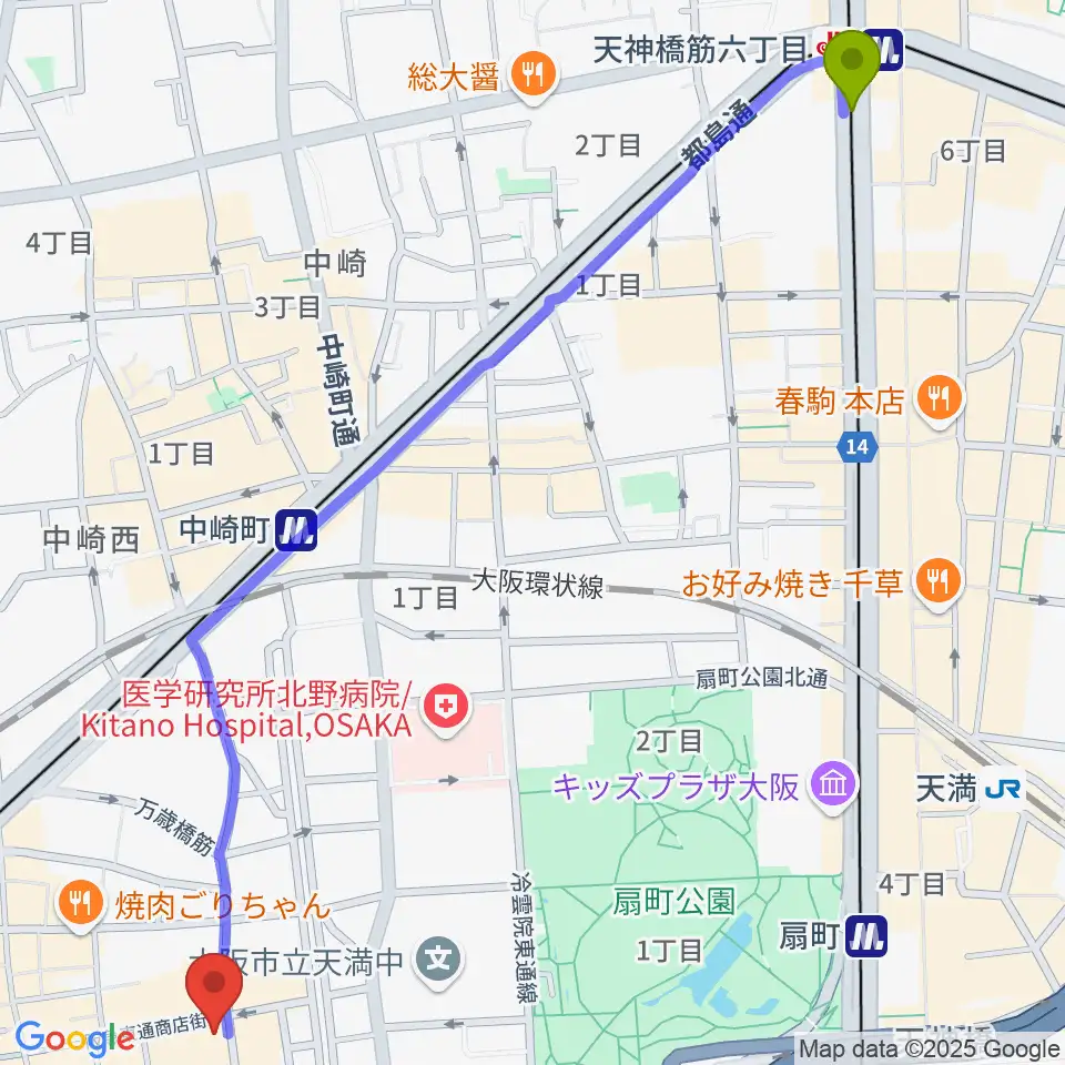 天神橋筋六丁目駅から梅田バナナホールへのルートマップ地図