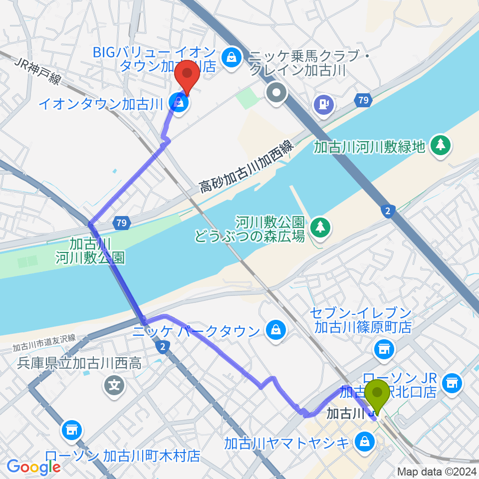 ブラウアー音楽練習場＆アカデミーの最寄駅加古川駅からの徒歩ルート（約24分）地図
