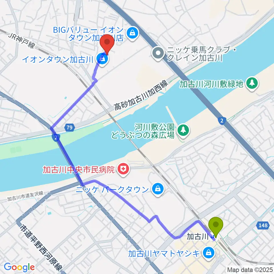 ブラウアー音楽練習場＆アカデミーの最寄駅加古川駅からの徒歩ルート（約24分）地図