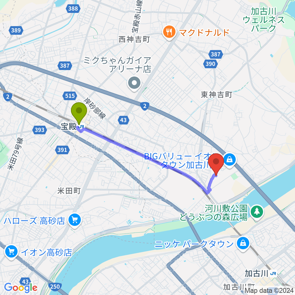 宝殿駅からブラウアー音楽練習場＆アカデミーへのルートマップ地図