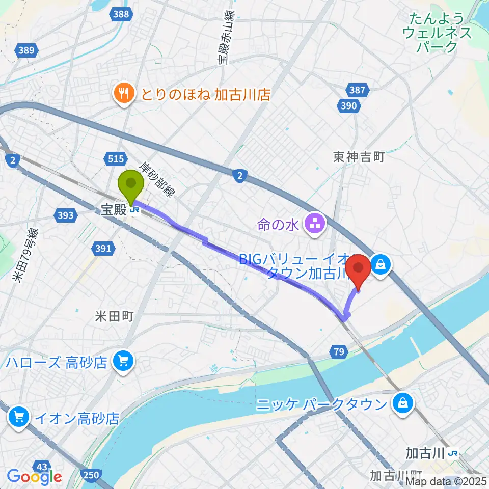 宝殿駅からブラウアー音楽練習場＆アカデミーへのルートマップ地図