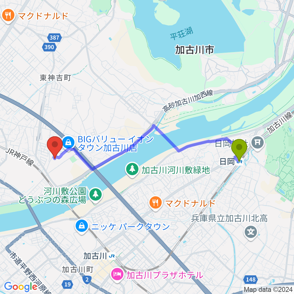 日岡駅からブラウアー音楽練習場＆アカデミーへのルートマップ地図