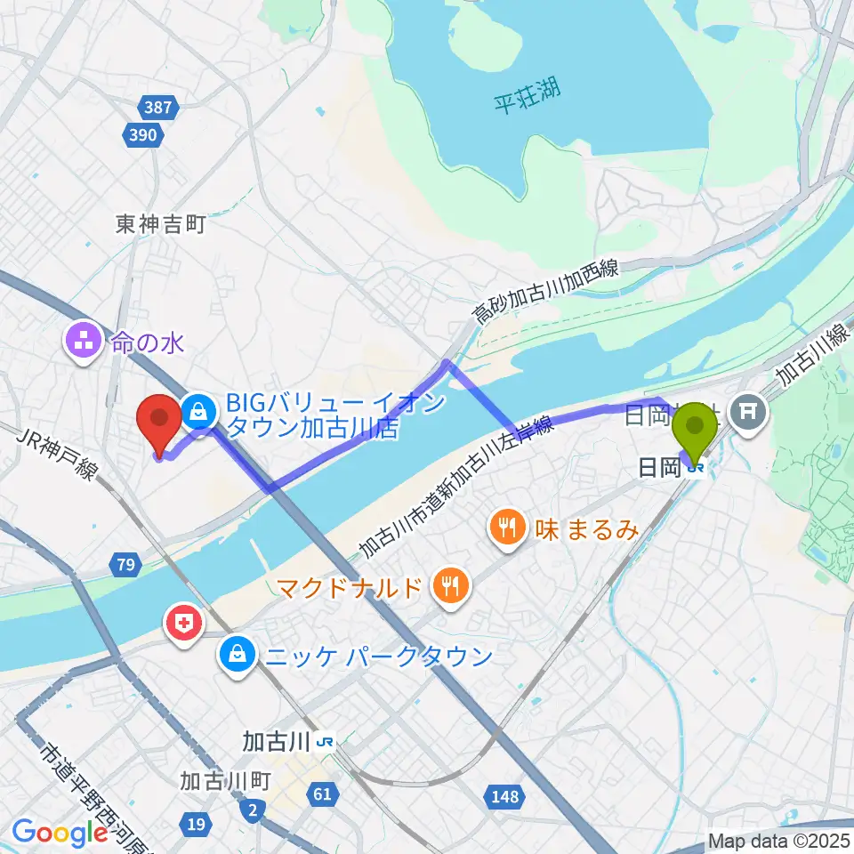 日岡駅からブラウアー音楽練習場＆アカデミーへのルートマップ地図