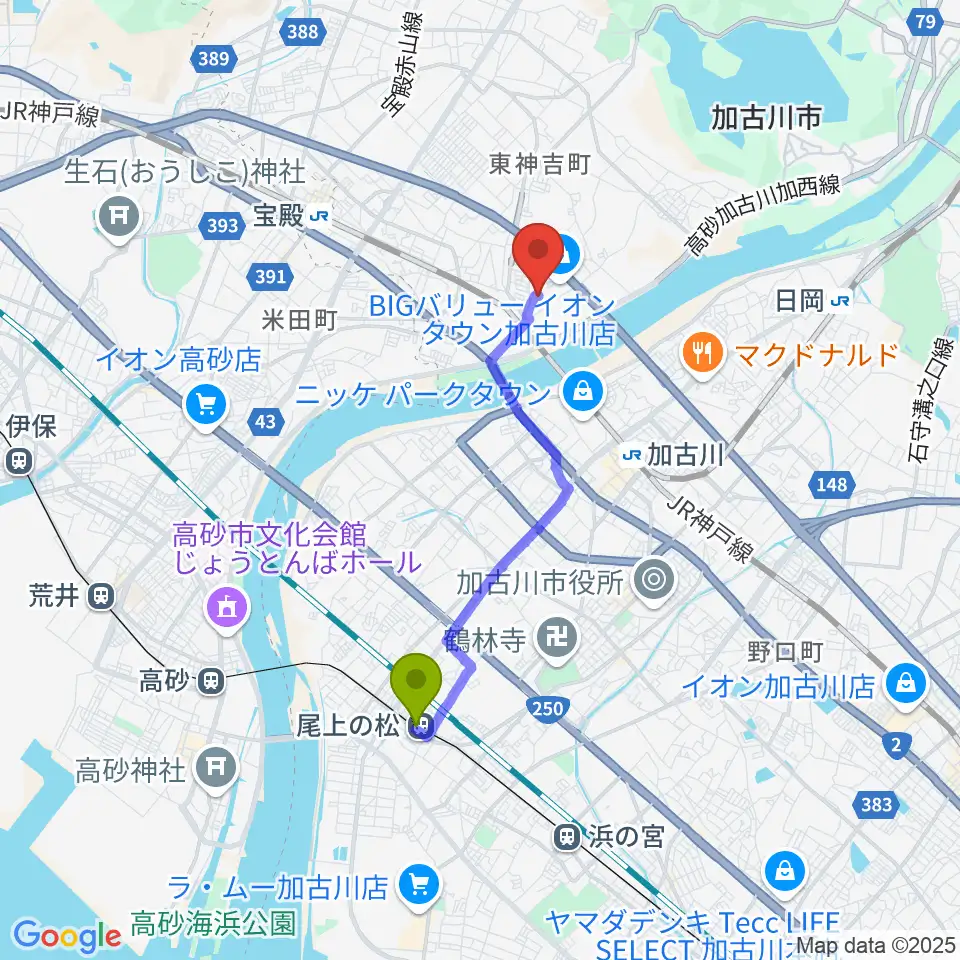 尾上の松駅からブラウアー音楽練習場＆アカデミーへのルートマップ地図