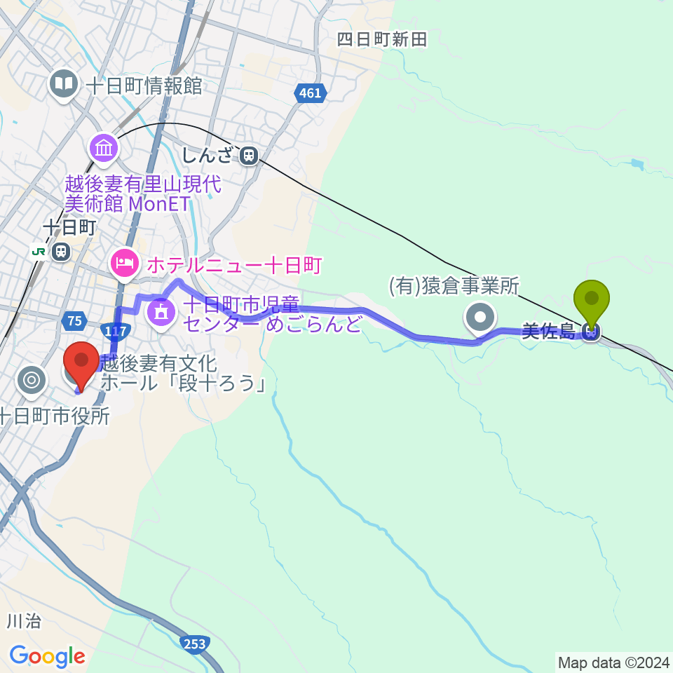 美佐島駅から越後妻有文化ホール 段十ろうへのルートマップ地図