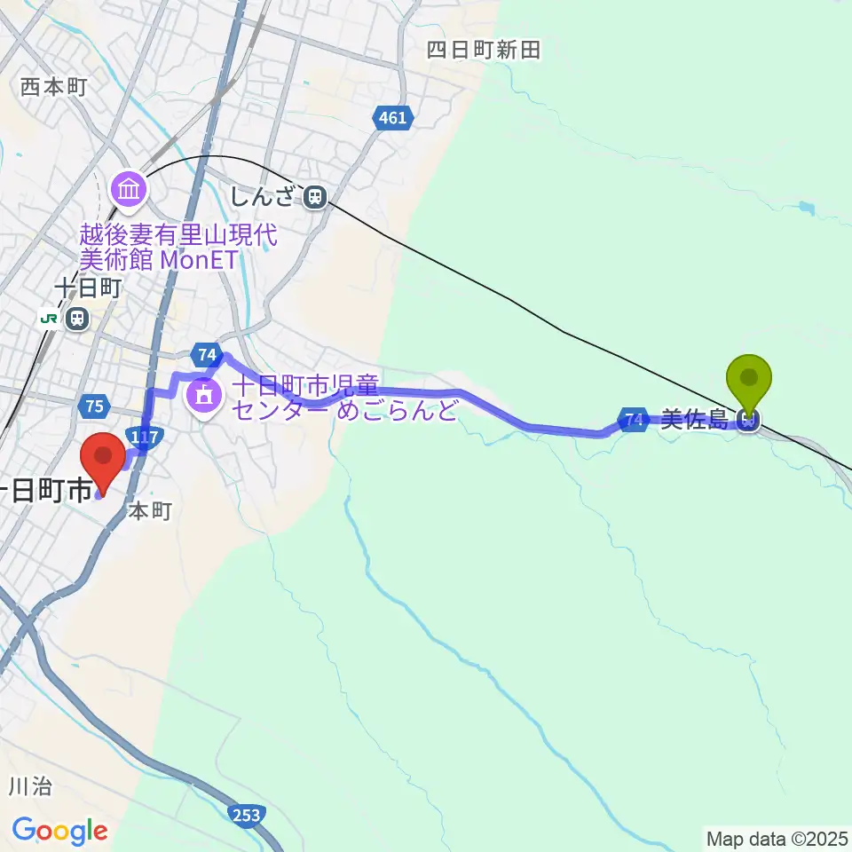 美佐島駅から越後妻有文化ホール 段十ろうへのルートマップ地図