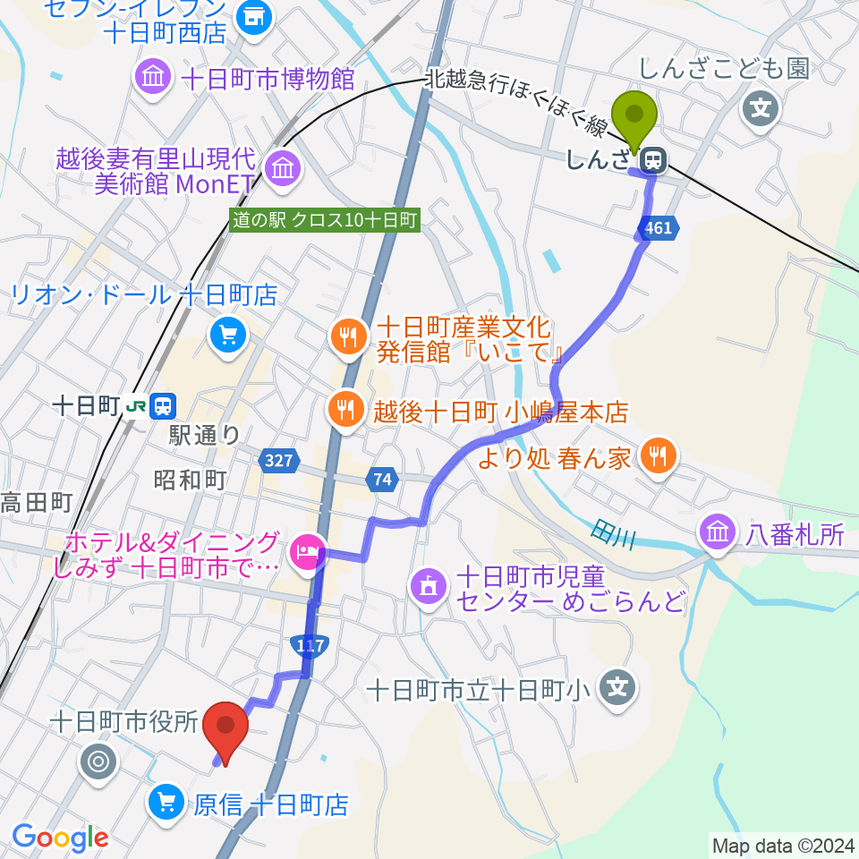 しんざ駅から越後妻有文化ホール 段十ろうへのルートマップ地図