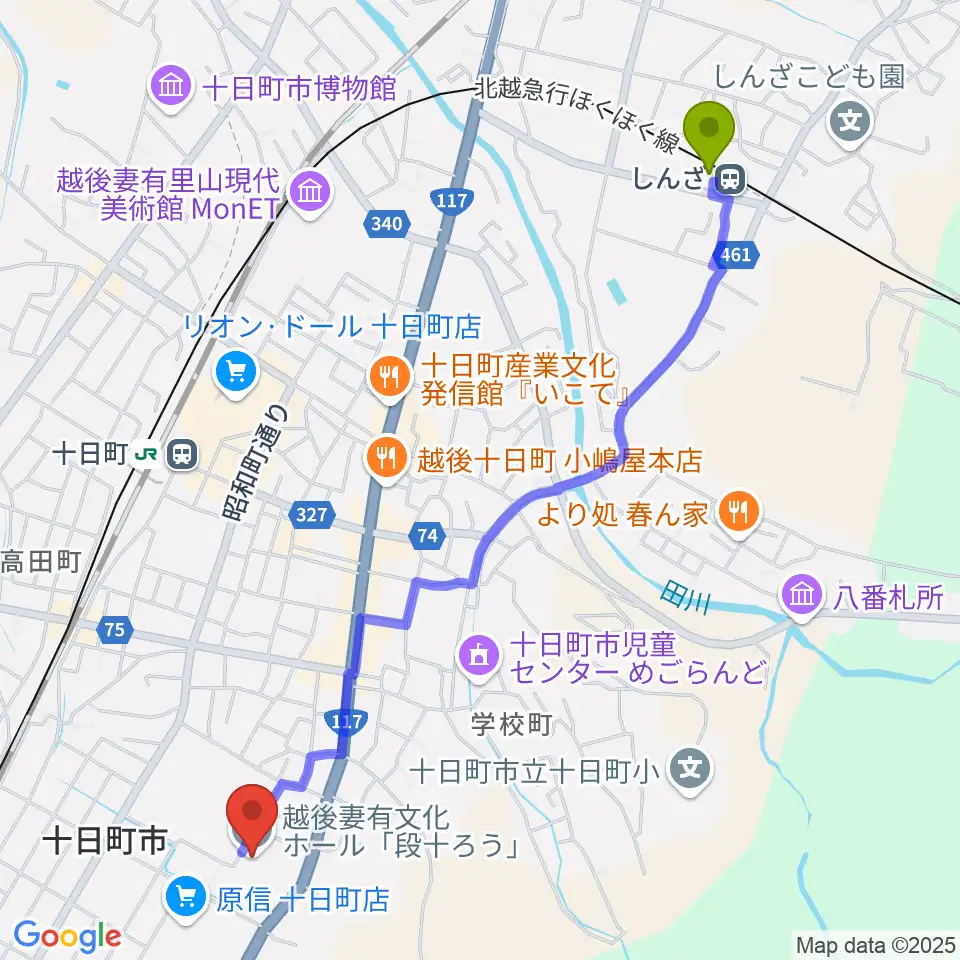 しんざ駅から越後妻有文化ホール 段十ろうへのルートマップ地図