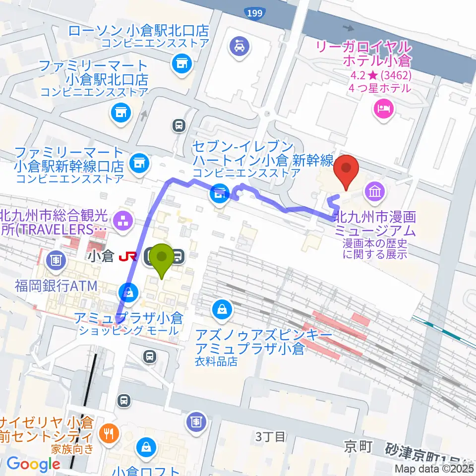 あるあるCityの最寄駅小倉駅からの徒歩ルート（約3分）地図