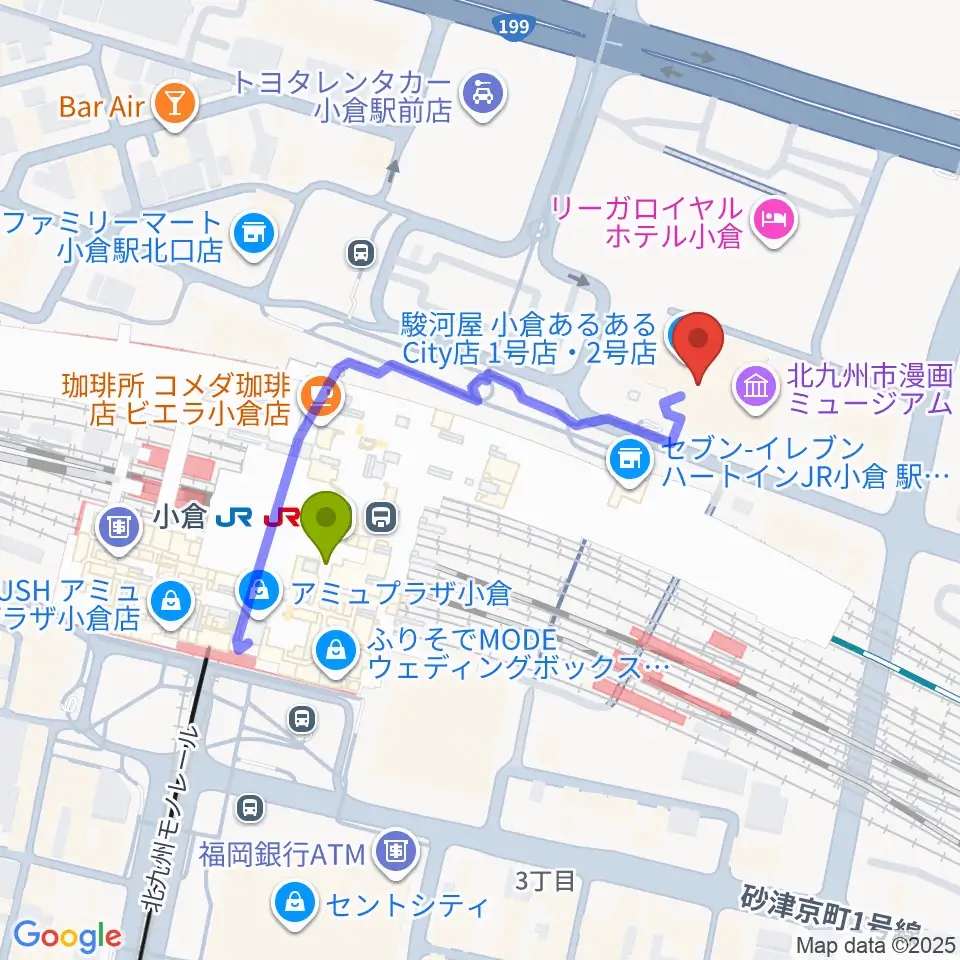 あるあるCityの最寄駅小倉駅からの徒歩ルート（約3分）地図