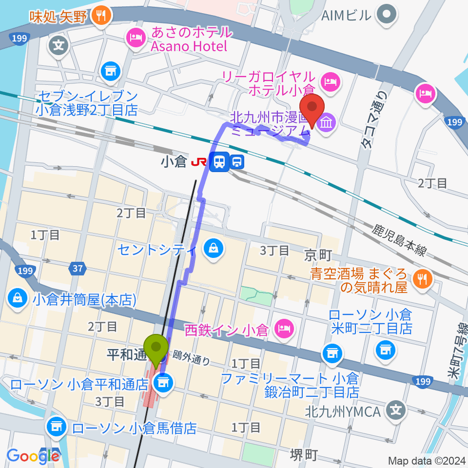 平和通駅からあるあるCityへのルートマップ地図