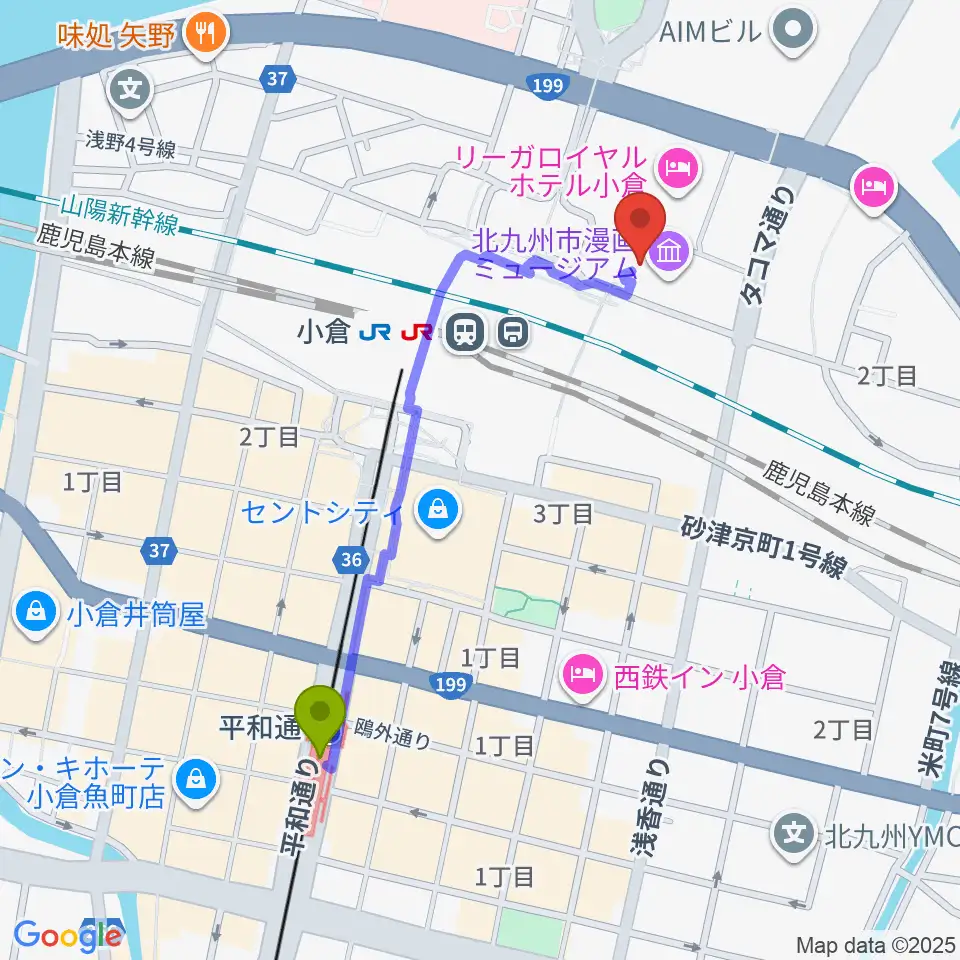 平和通駅からあるあるCityへのルートマップ地図