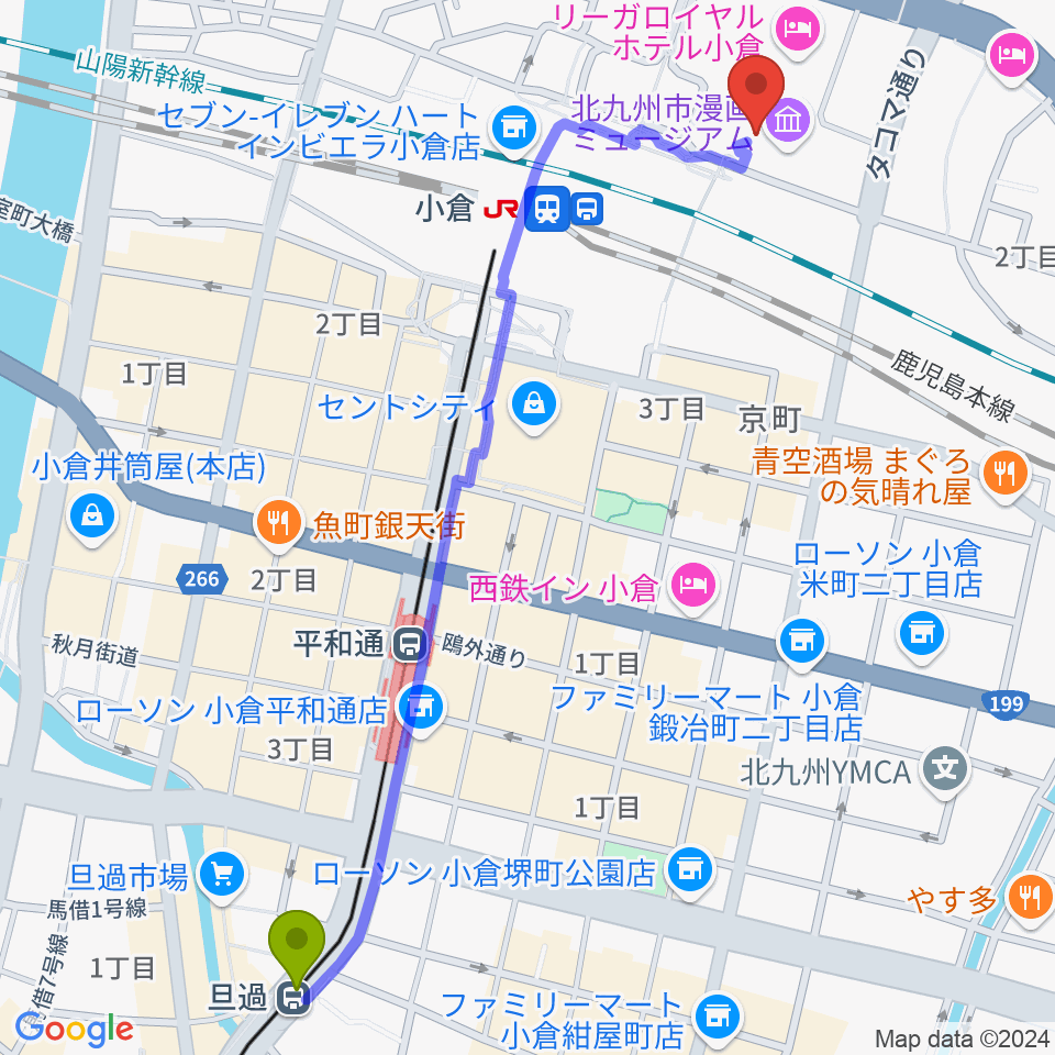 旦過駅からあるあるCityへのルートマップ地図