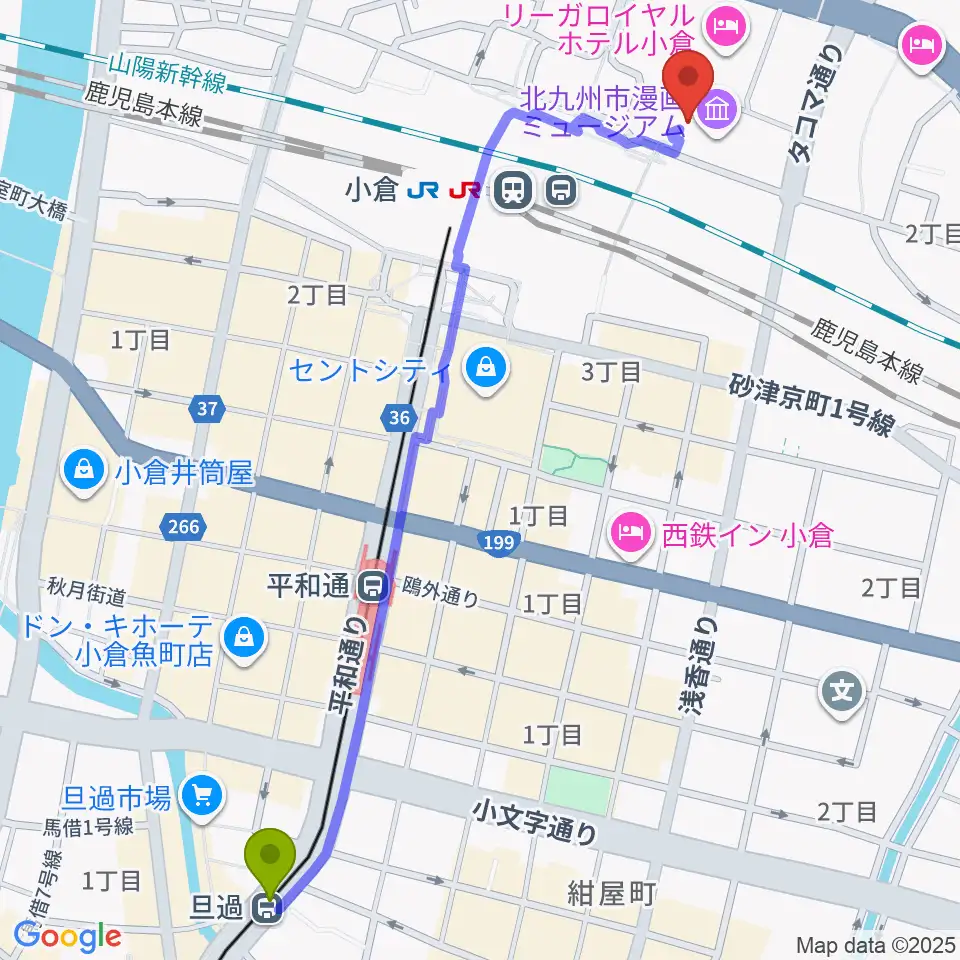 旦過駅からあるあるCityへのルートマップ地図