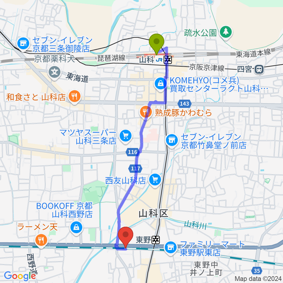 山科駅からライブスタジオ58へのルートマップ地図