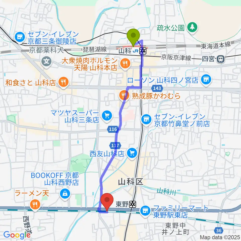 山科駅からライブスタジオ58へのルートマップ地図