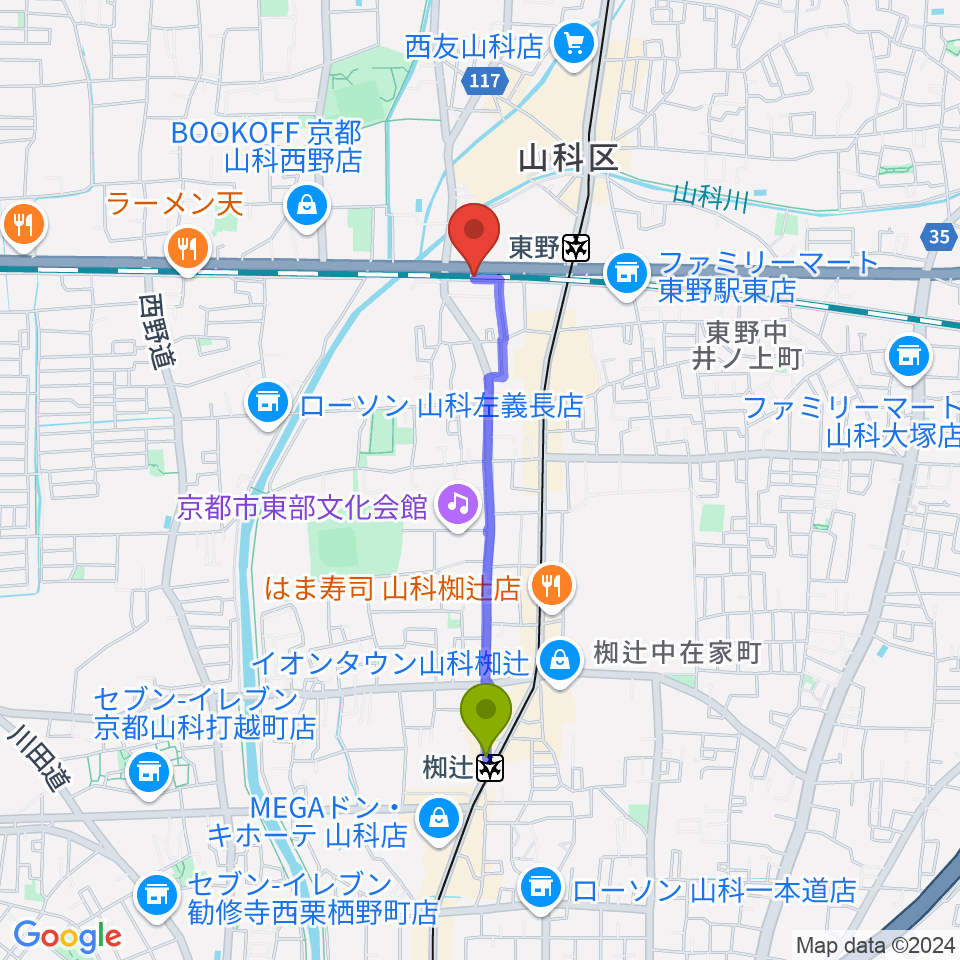 椥辻駅からライブスタジオ58へのルートマップ地図