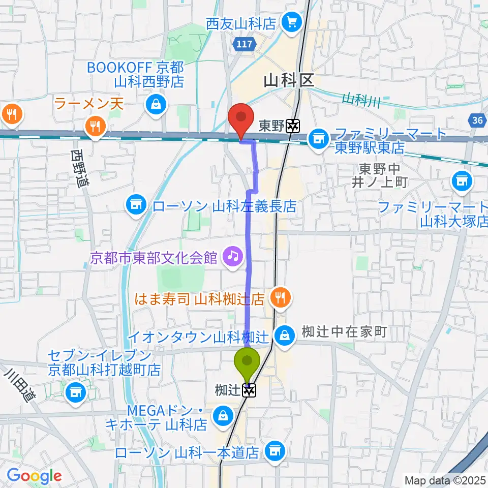 椥辻駅からライブスタジオ58へのルートマップ地図