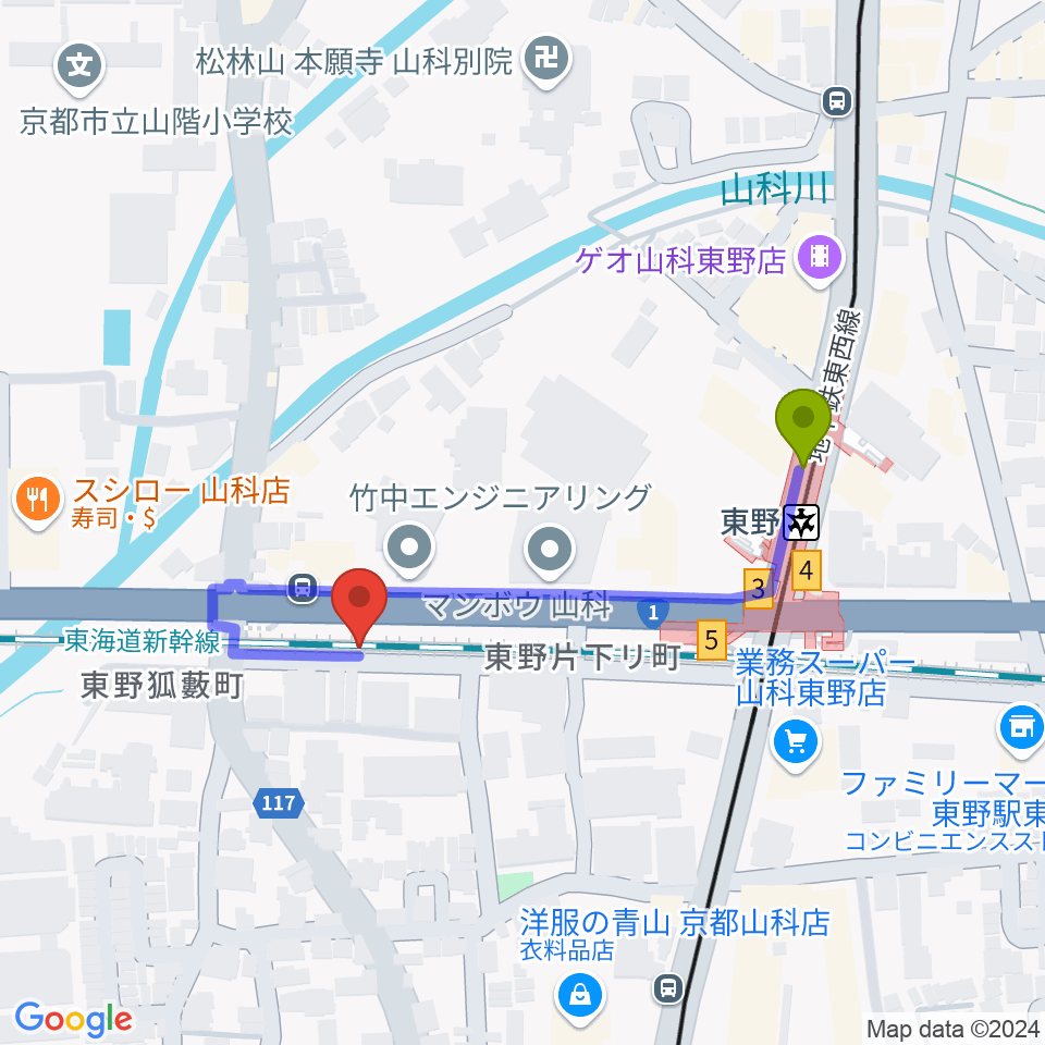 ライブスタジオ58の最寄駅東野駅からの徒歩ルート（約4分）地図