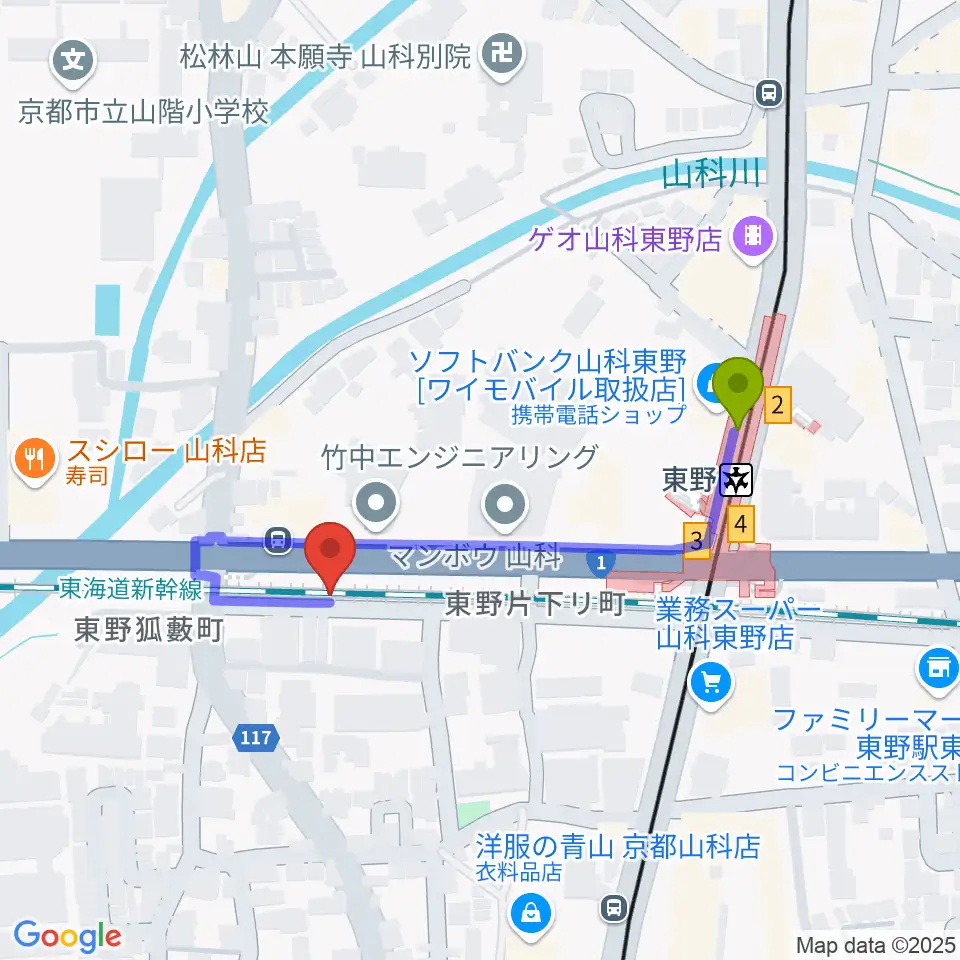 ライブスタジオ58の最寄駅東野駅からの徒歩ルート（約4分）地図