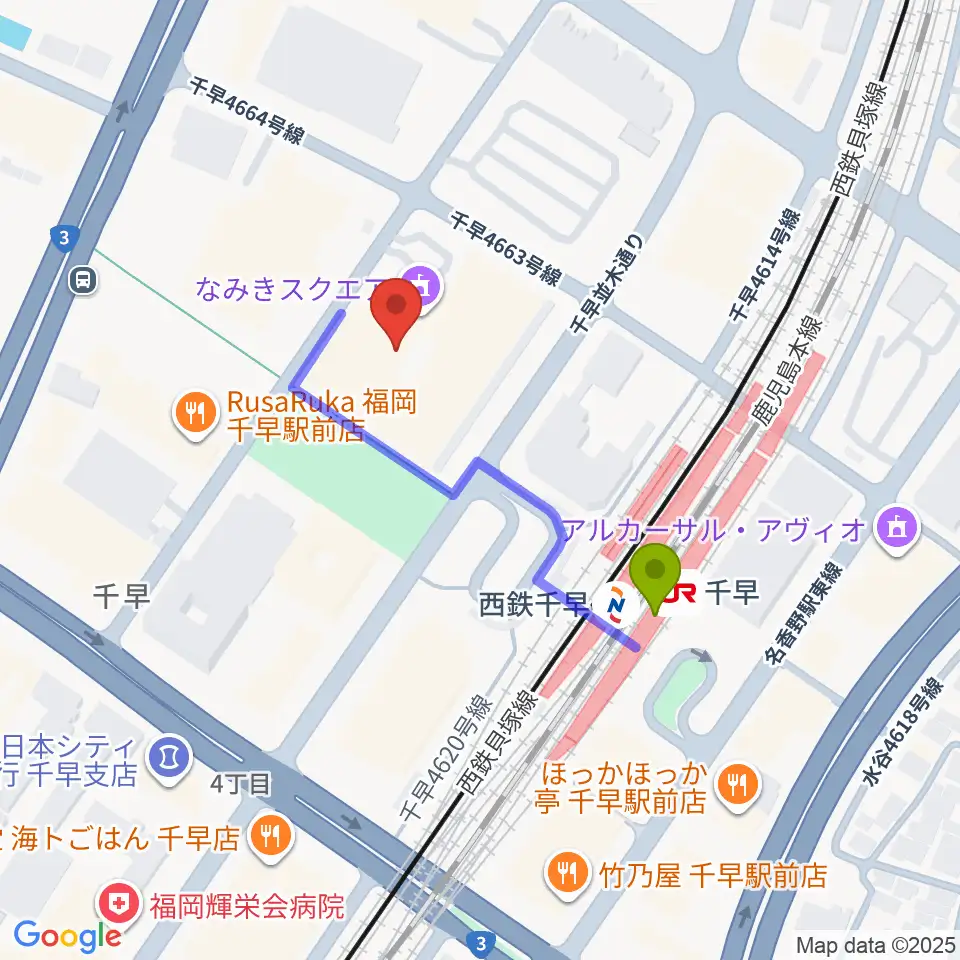 なみきスクエア・東市民センターの最寄駅千早駅からの徒歩ルート（約3分）地図