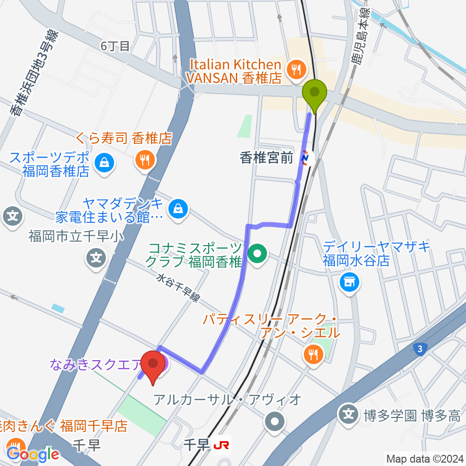 香椎宮前駅からなみきスクエア・東市民センターへのルートマップ地図