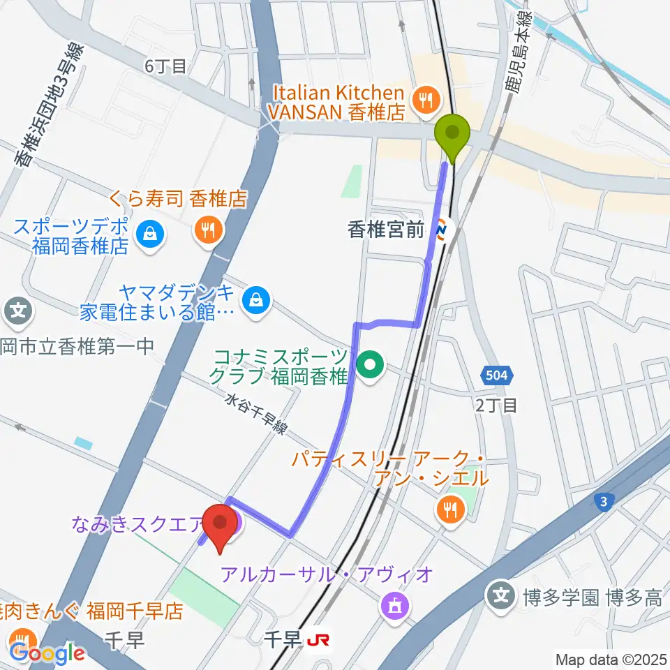 香椎宮前駅からなみきスクエア・東市民センターへのルートマップ地図