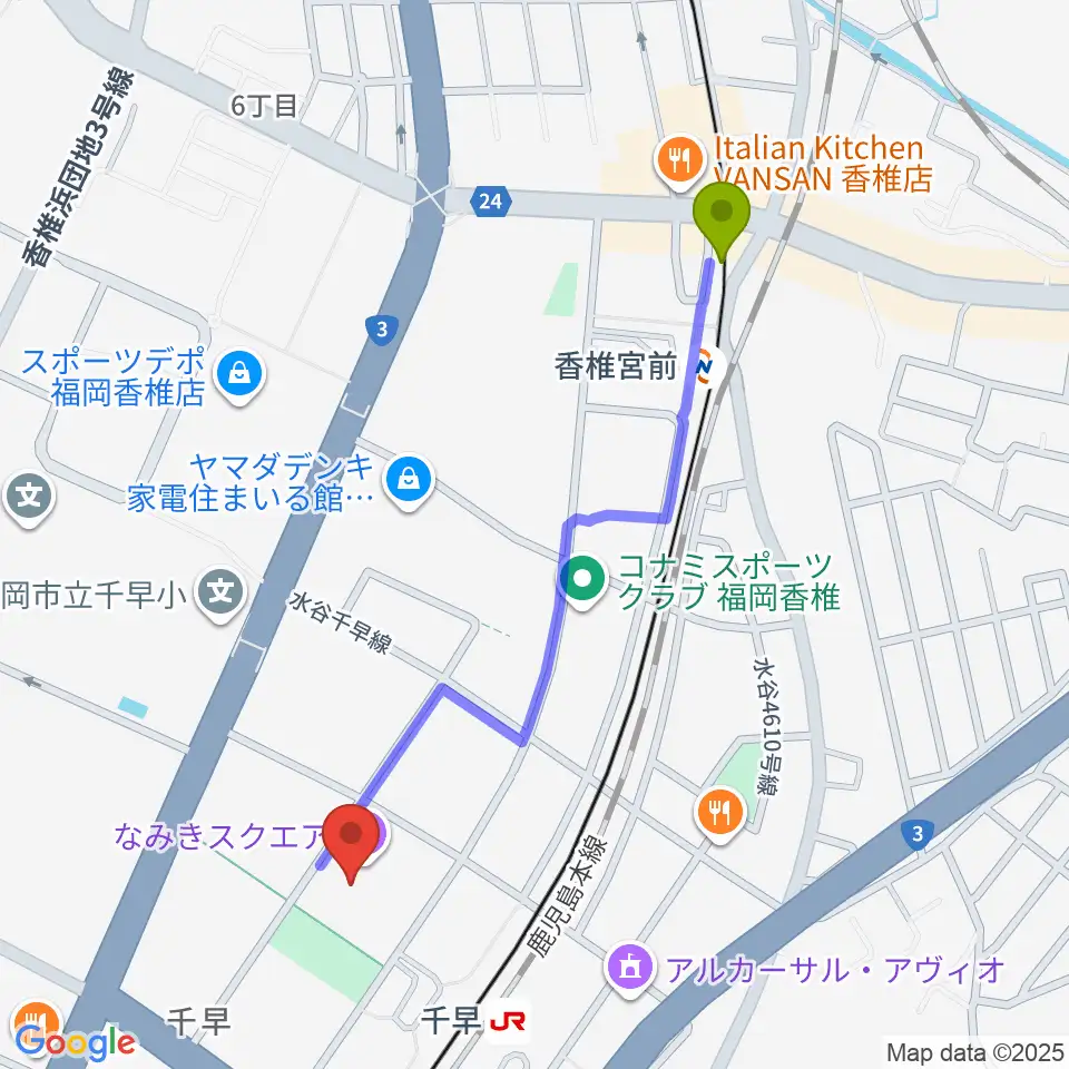 香椎宮前駅からなみきスクエア・東市民センターへのルートマップ地図