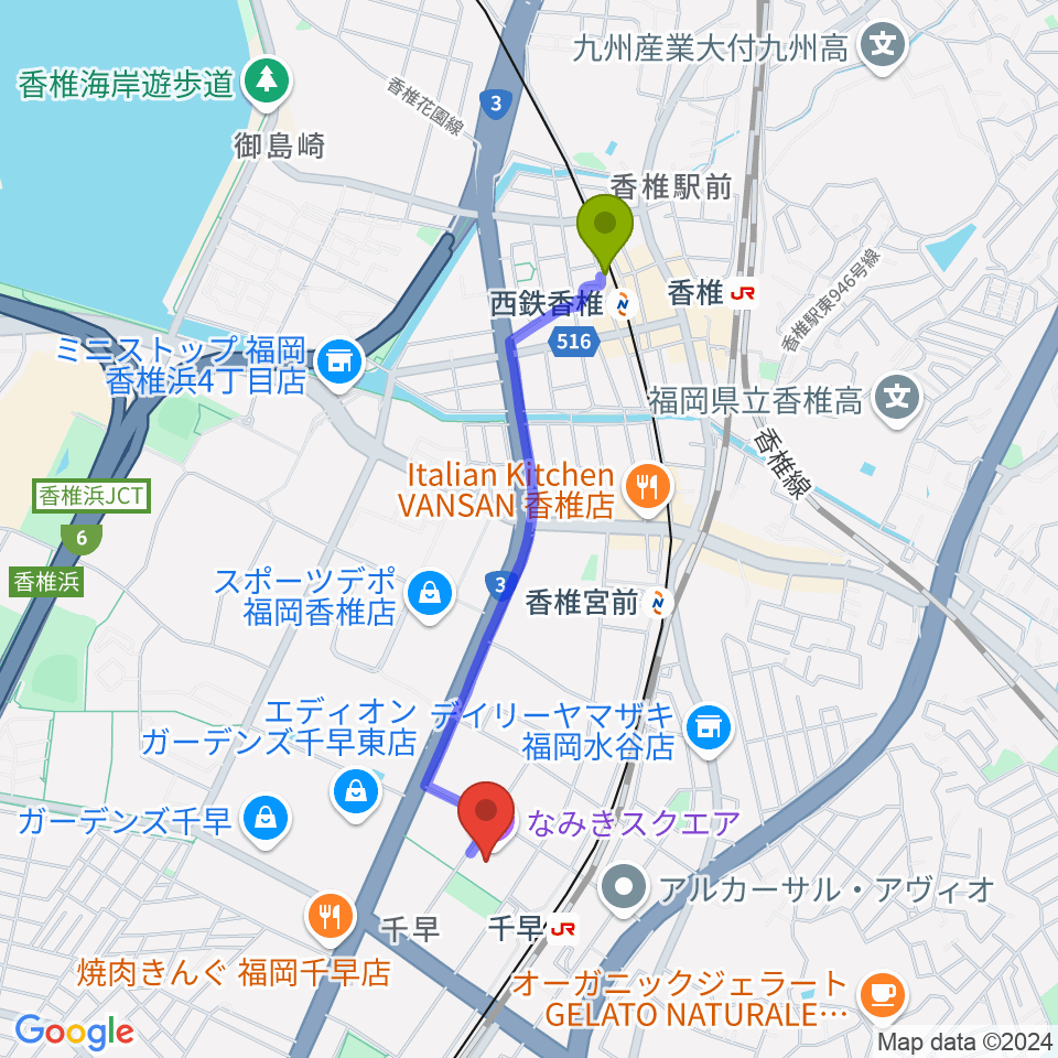 西鉄香椎駅からなみきスクエア・東市民センターへのルートマップ地図