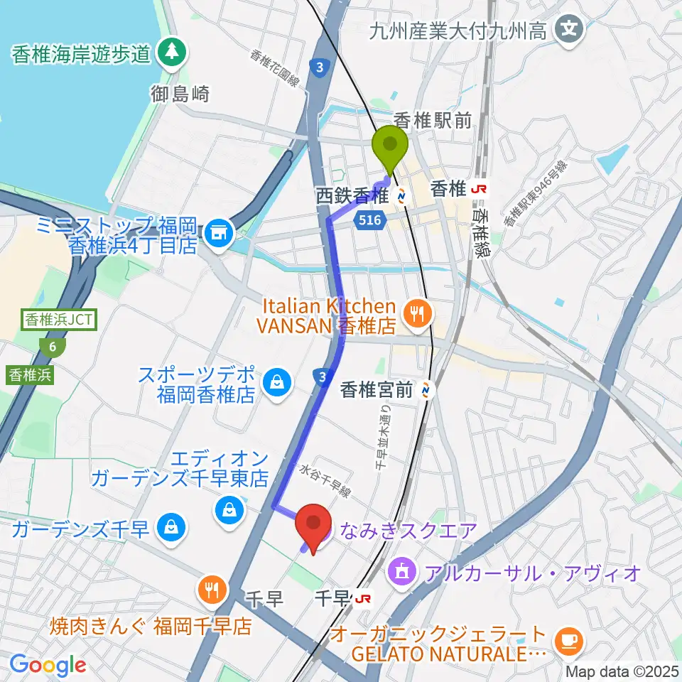 西鉄香椎駅からなみきスクエア・東市民センターへのルートマップ地図