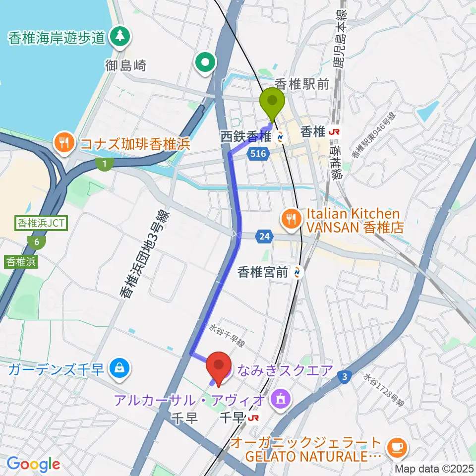 西鉄香椎駅からなみきスクエア・東市民センターへのルートマップ地図