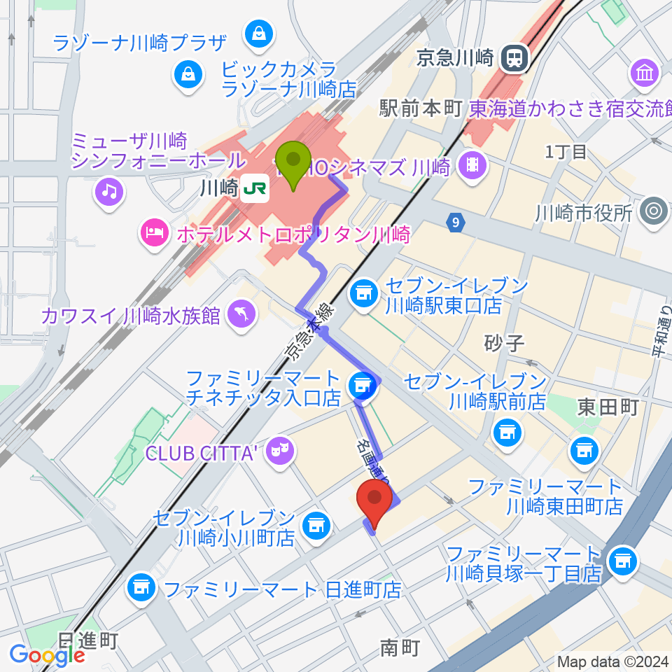 Public House ぴあにしもの最寄駅川崎駅からの徒歩ルート（約8分）地図