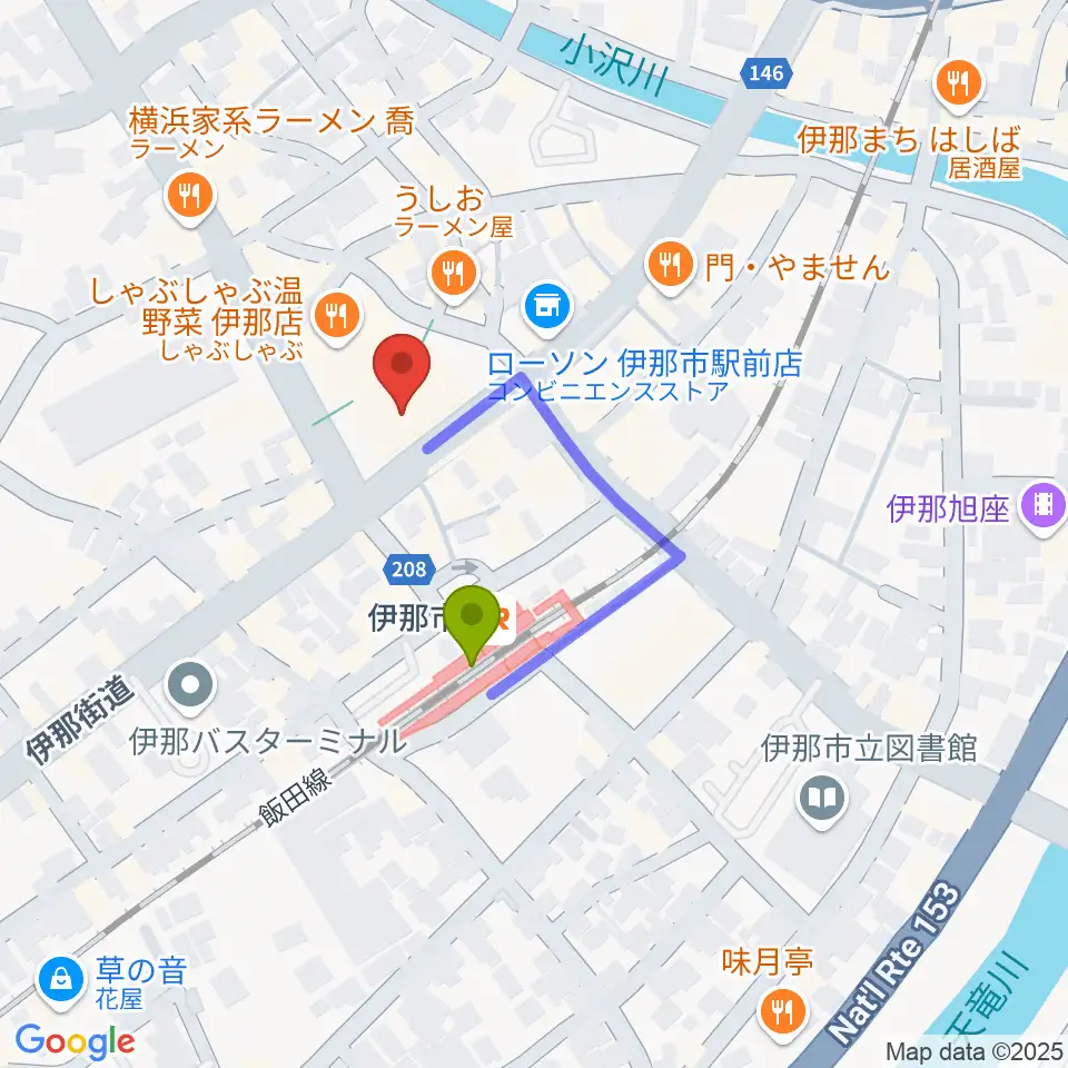 ニシザワいなっせホールの最寄駅伊那市駅からの徒歩ルート（約2分）地図