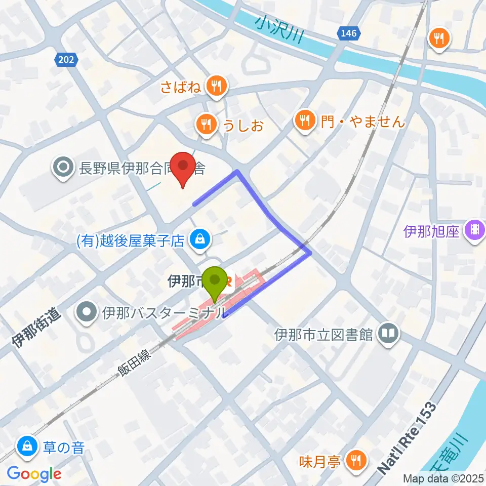 ニシザワいなっせホールの最寄駅伊那市駅からの徒歩ルート（約2分）地図