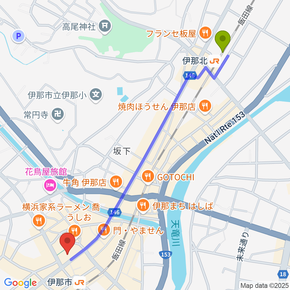 伊那北駅からニシザワいなっせホールへのルートマップ地図