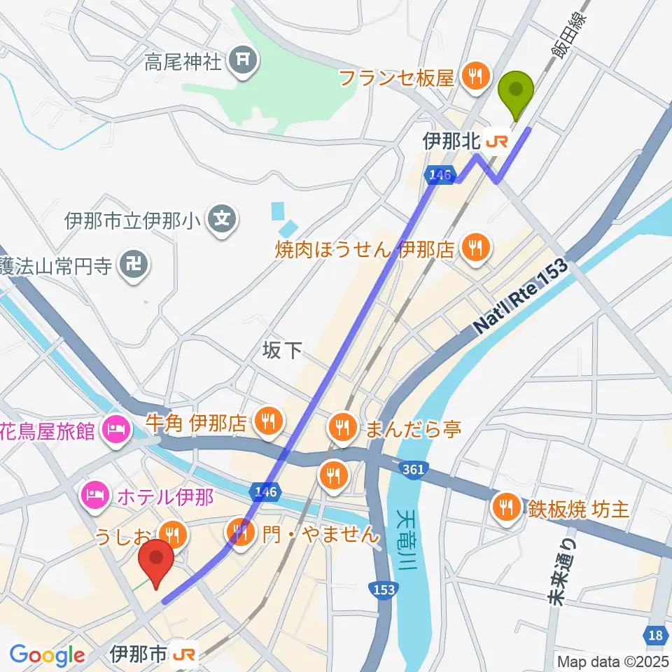 伊那北駅からニシザワいなっせホールへのルートマップ地図