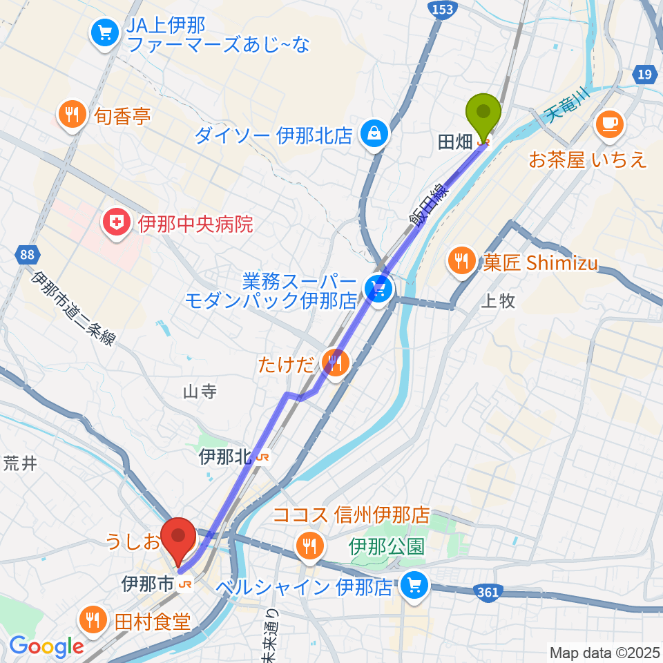 田畑駅からニシザワいなっせホールへのルートマップ地図