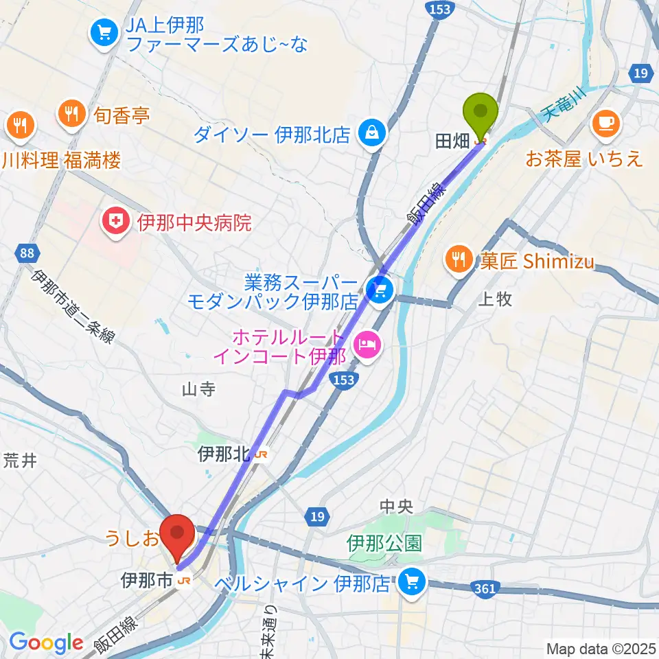 田畑駅からニシザワいなっせホールへのルートマップ地図