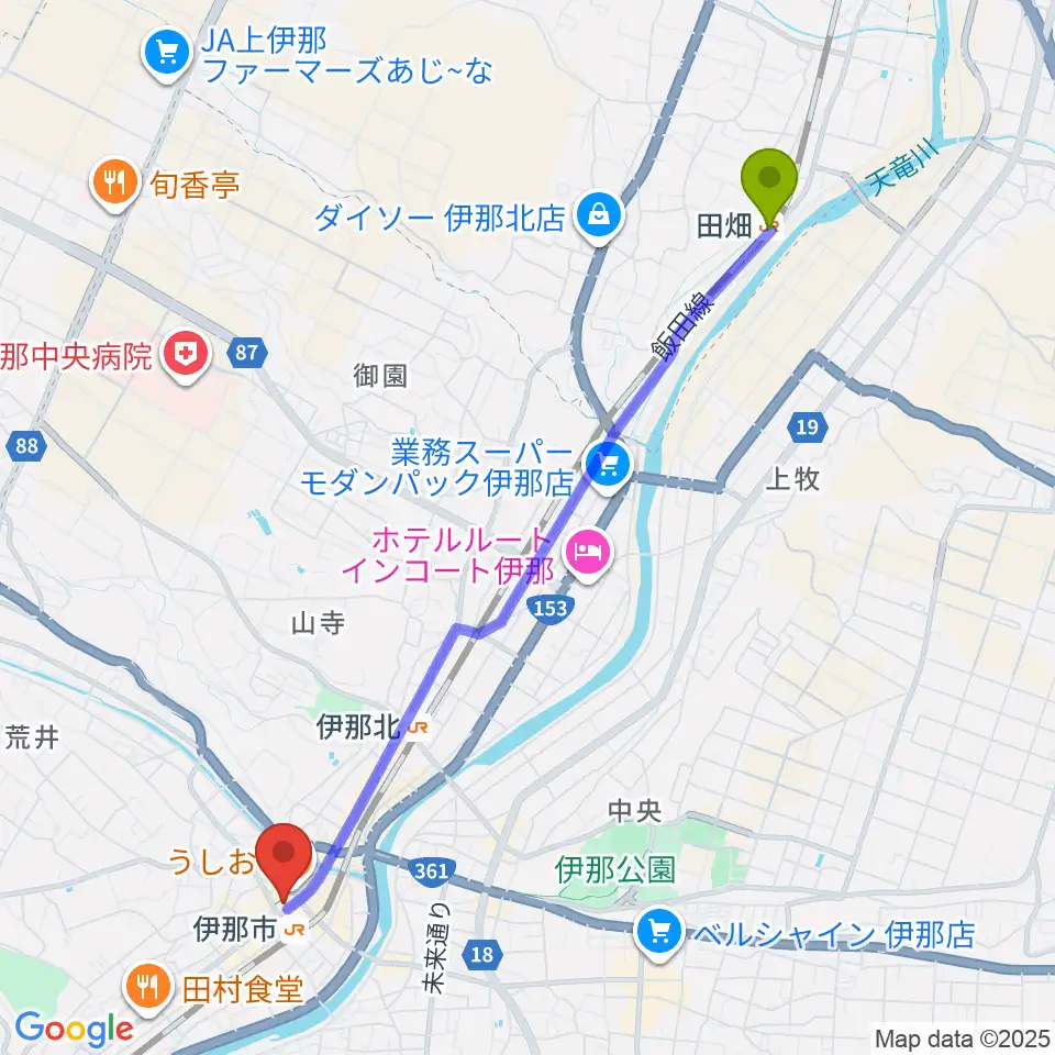 田畑駅からニシザワいなっせホールへのルートマップ地図