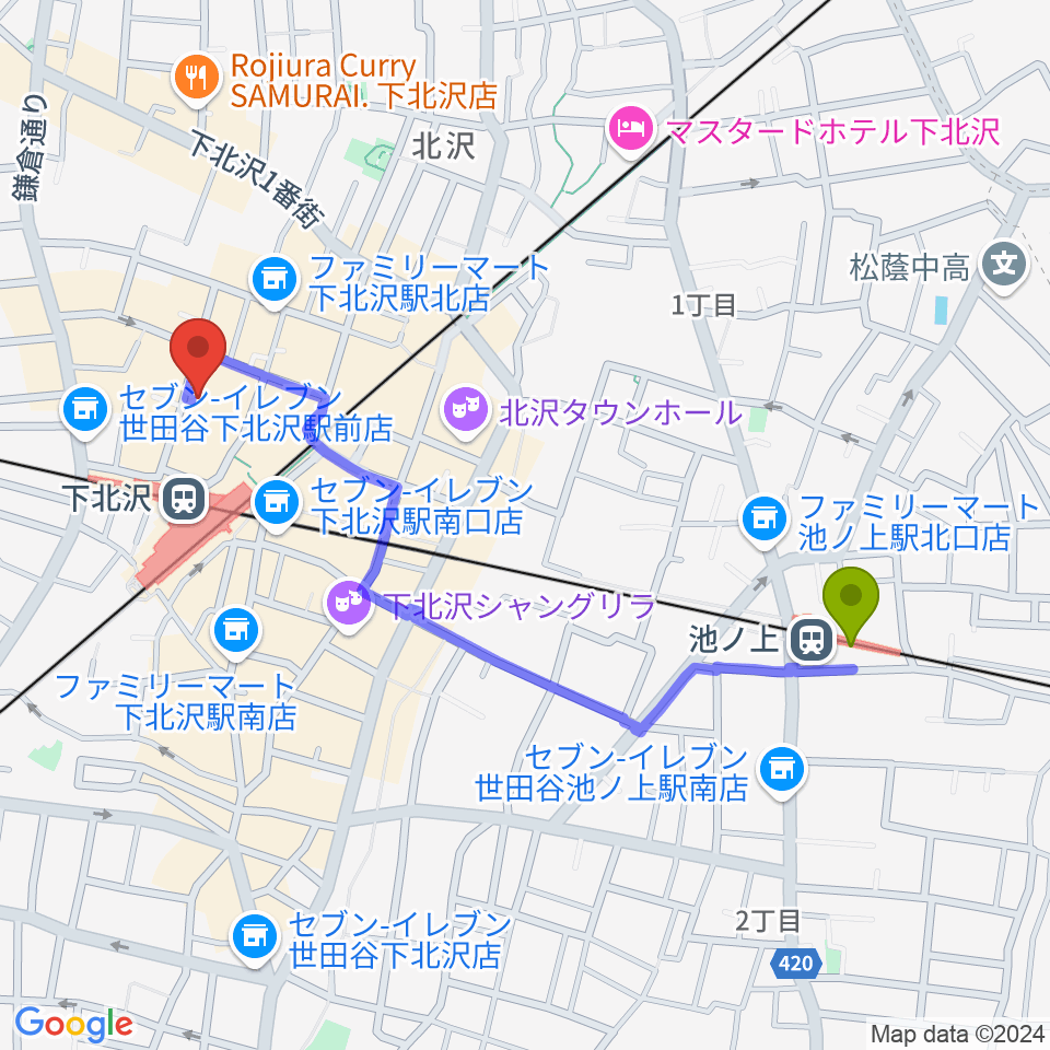 池ノ上駅から下北沢しもきたドーンへのルートマップ地図