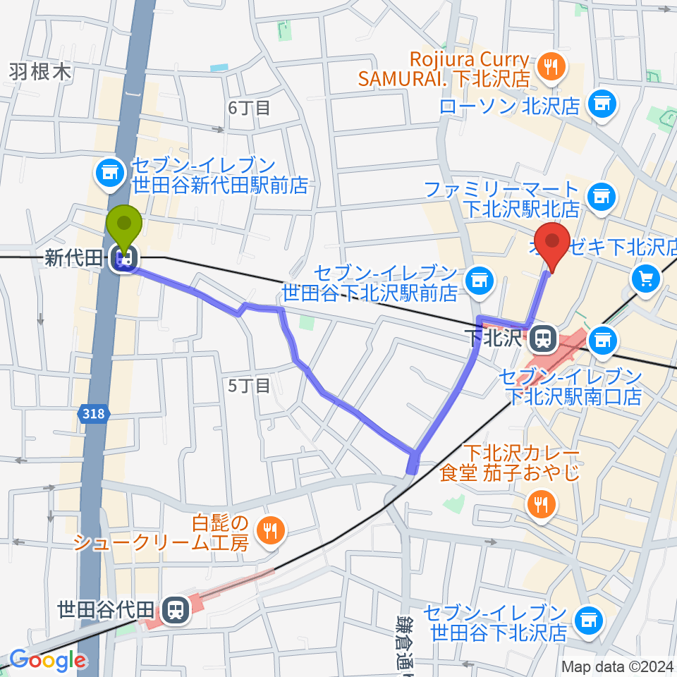 新代田駅から下北沢しもきたドーンへのルートマップ地図