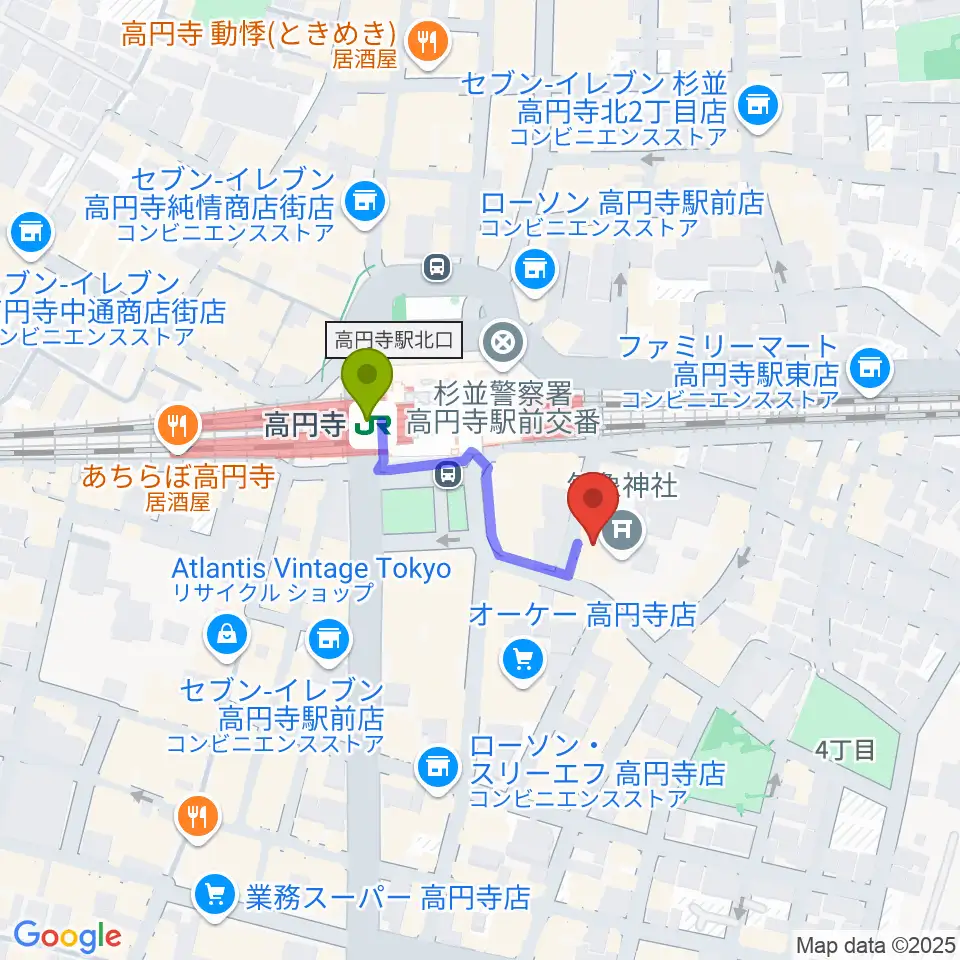 アトリエファンファーレ高円寺の最寄駅高円寺駅からの徒歩ルート（約2分）地図