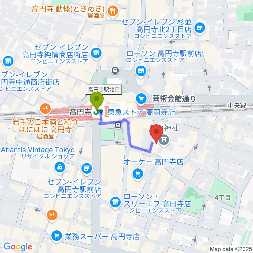 アトリエファンファーレ高円寺の最寄駅高円寺駅からの徒歩ルート（約2分）地図