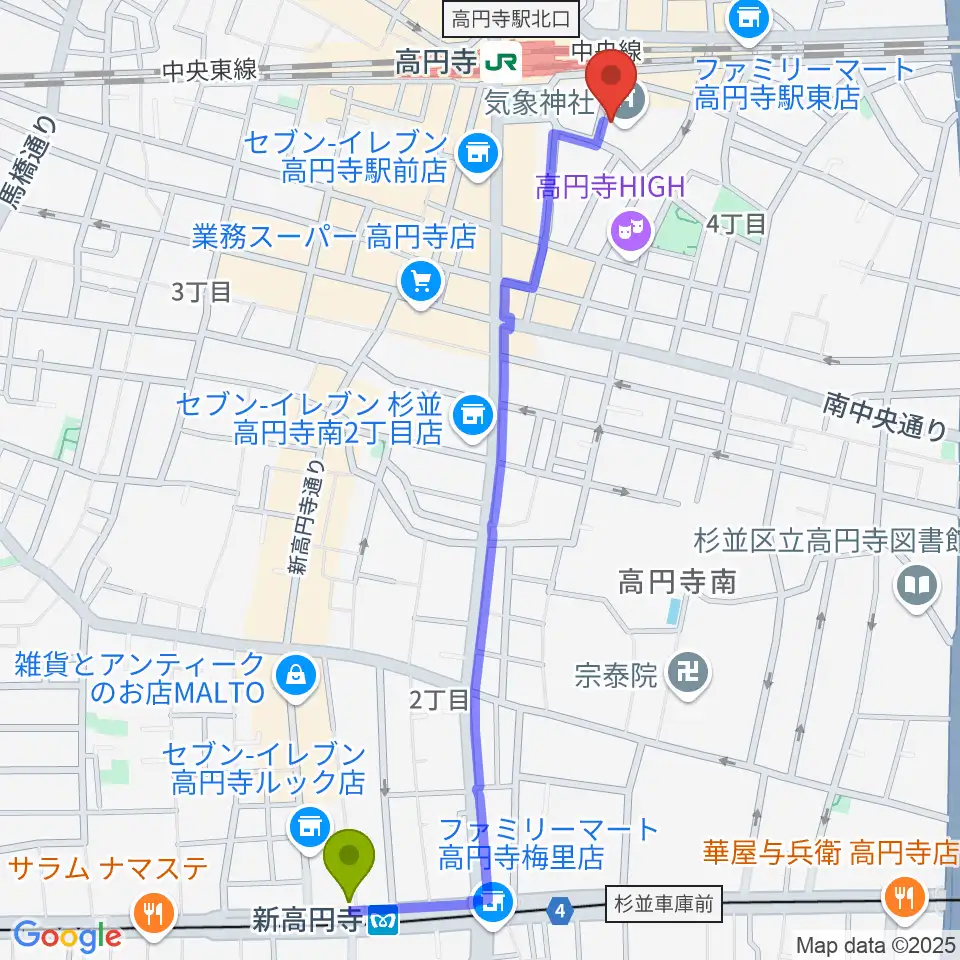 新高円寺駅からアトリエファンファーレ高円寺へのルートマップ地図